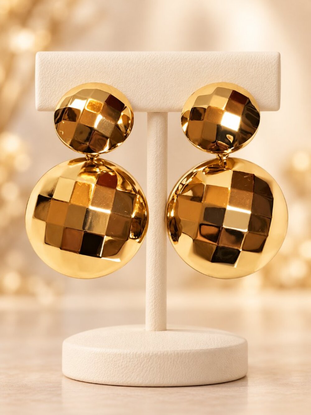 Gold Tone Textured Double Disc Drop Earrings